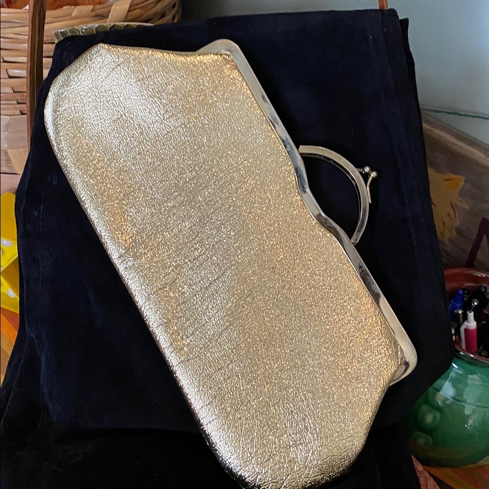 Vintage Gold Foil Purse Clutch Evening Bag with Stunning Camel color interior